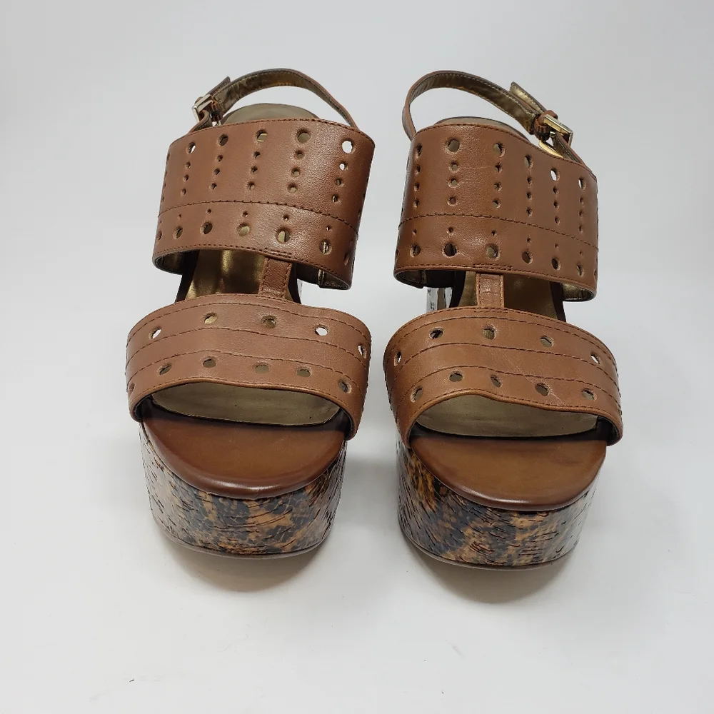 Guess Leather Platform Chunky Heeled Shoes Size 8.5 Brown Tan Heels‎ Ankle Strap